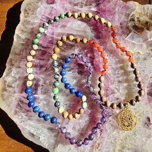 Spiritual Boho Assorted Gemstone Mala Necklace with Gold Chakra Pendant